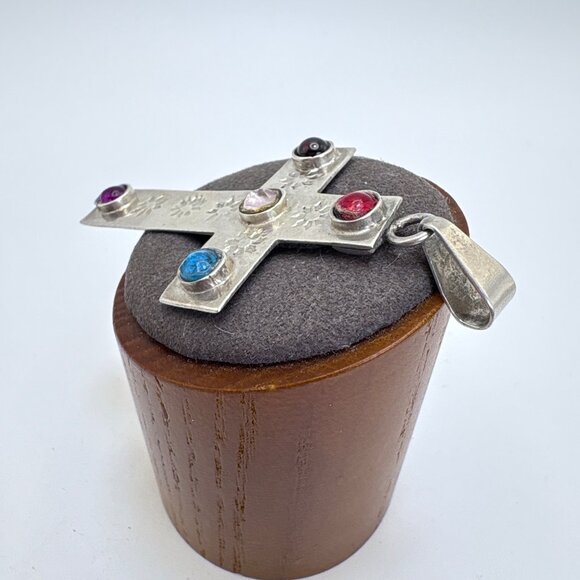 Sterling Silver 925 Multi-Gemstone Flower Design Cross Pendant Size 2.5" Length - Picture 3 of 11